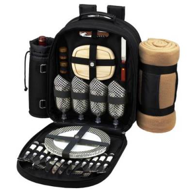 Black Picnic Backpack with Blanket for Four