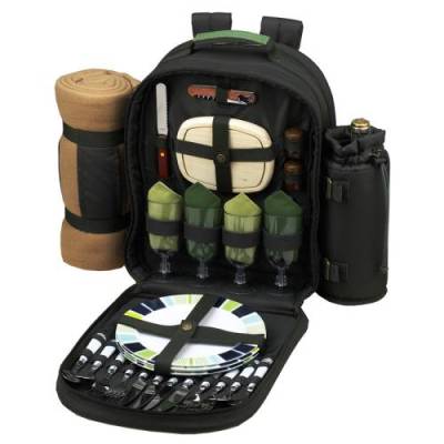 Forest Green Picnic Backpack with Blanket for Four