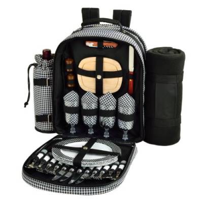 Houndstooth Picnic Backpack with Blanket for Four