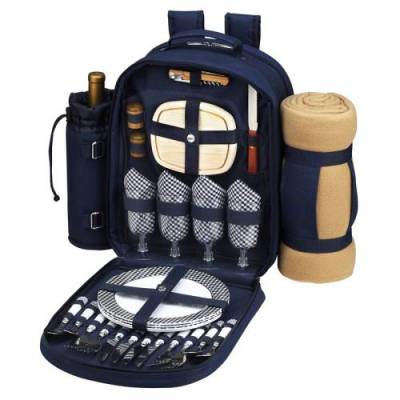 Navy Picnic Backpack with Blanket for Four